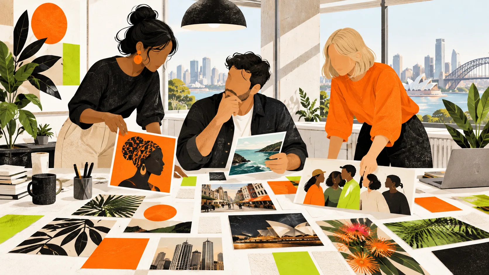 A diverse creative team develops an Australian campaign from different audience references