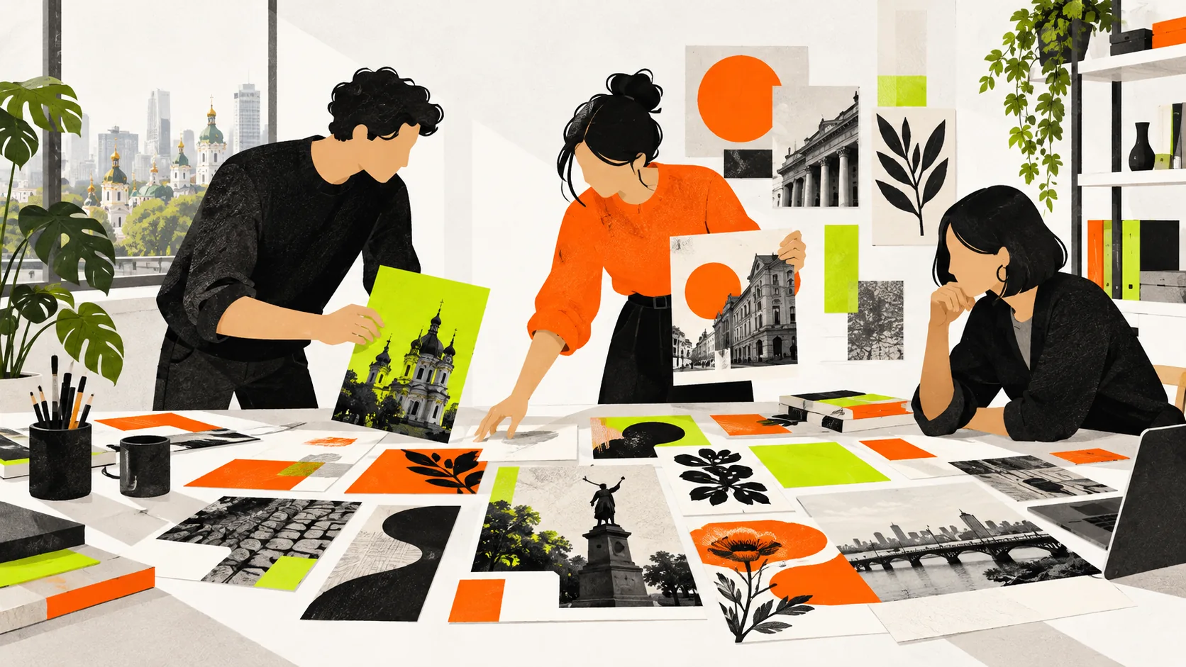 A contemporary Ukrainian creative team develops campaign ideas in an editorial studio