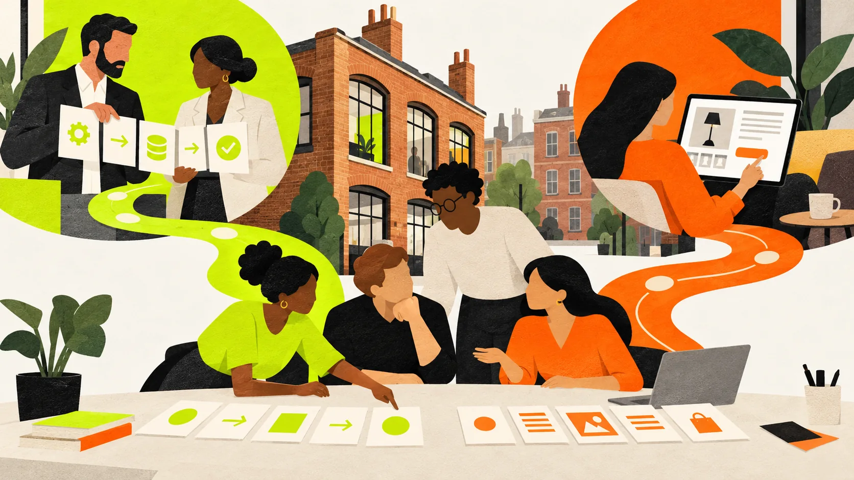 A team compares business and consumer journeys for a UK campaign