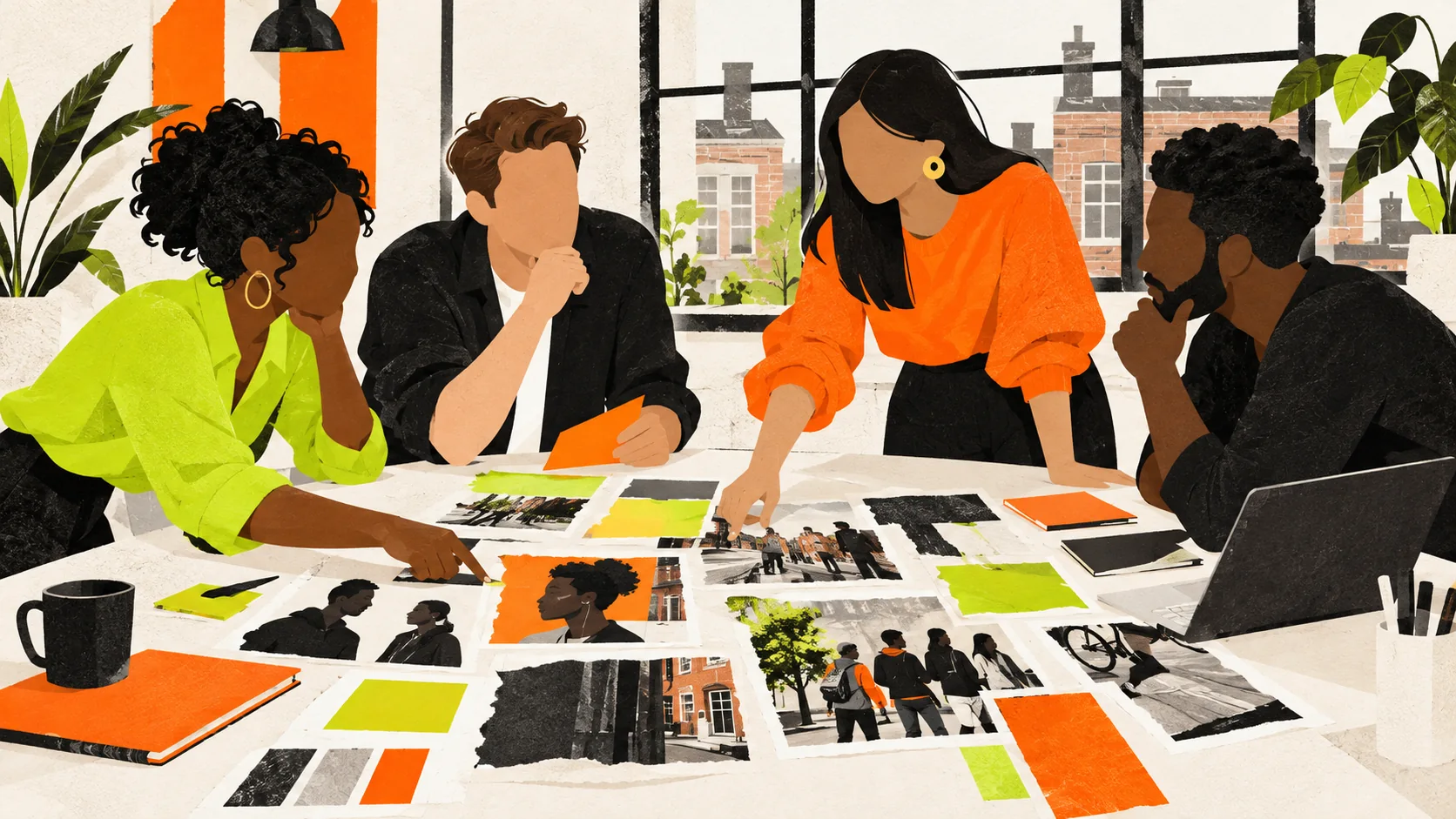 A UK creative team compares audience references around a campaign planning table