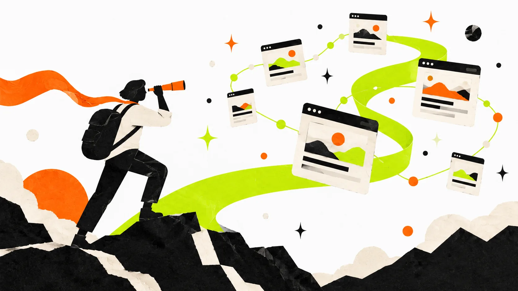 An explorer follows linked website pages through a ribbon-shaped path