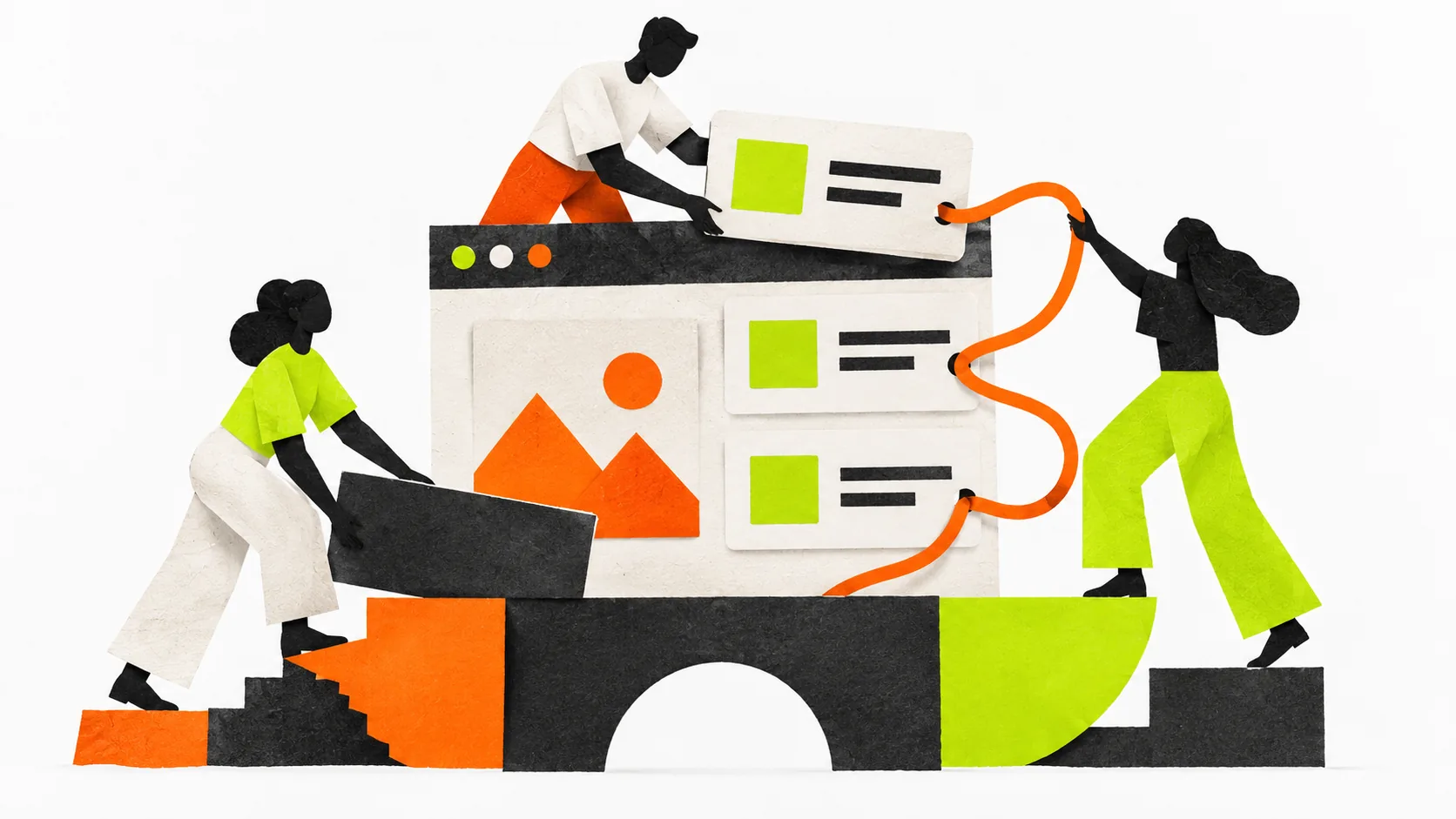 Three specialists assemble a website from content blocks and connected components