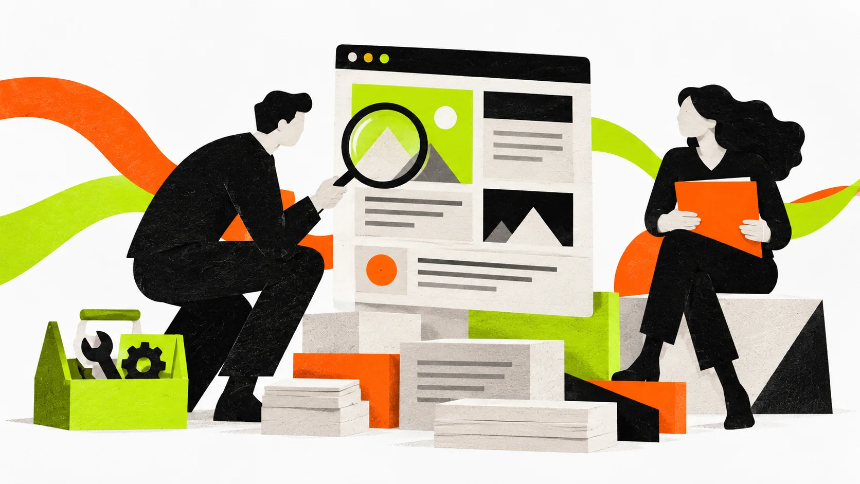 An SEO specialist diagnoses a website while discussing findings with a client