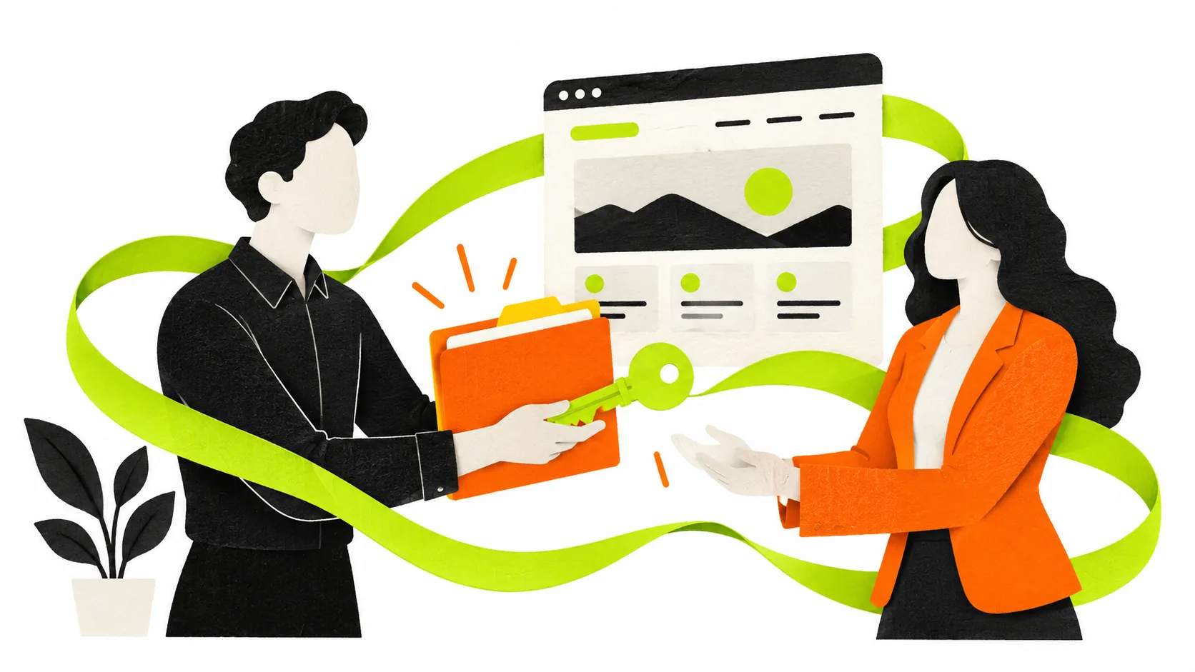 A consultant hands project files and a symbolic website key to a business owner