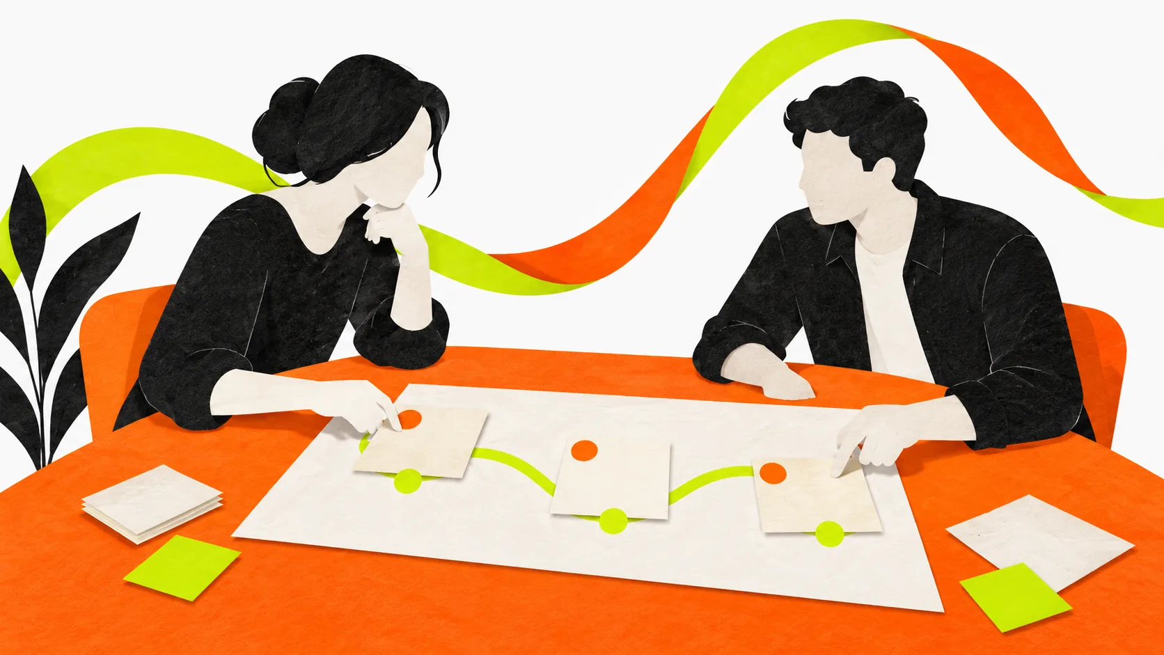 A client and SEO specialist agree on project milestones around a planning table