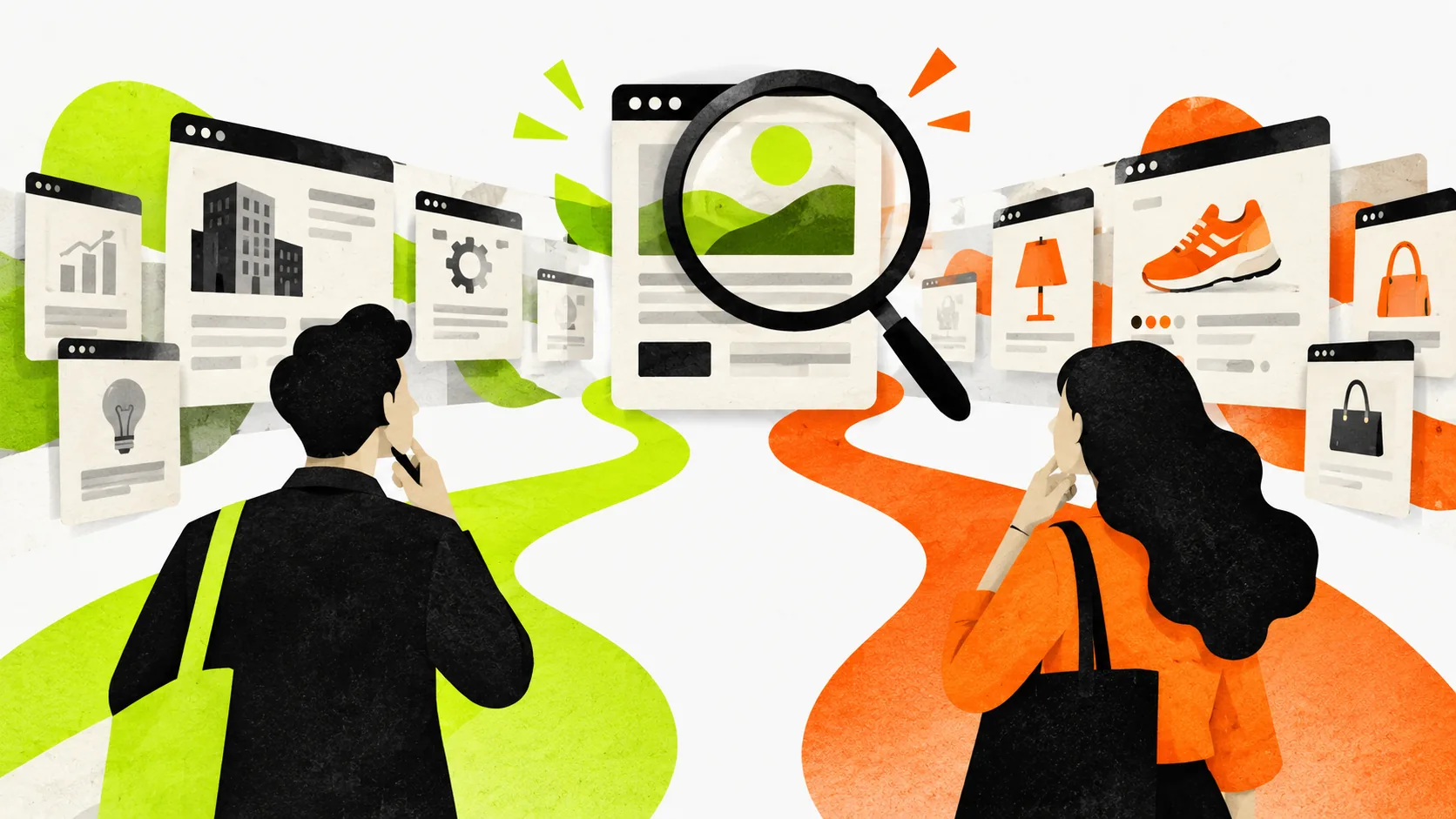 Two readers compare business and consumer website pages to find relevant information