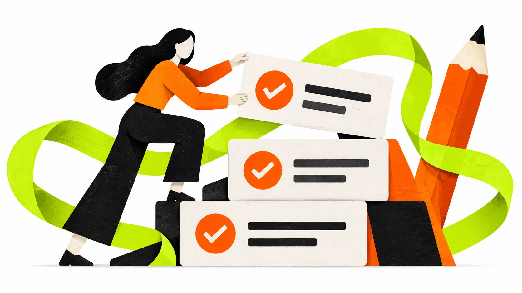 A strategist arranges checked task cards into a ladder of SEO priorities