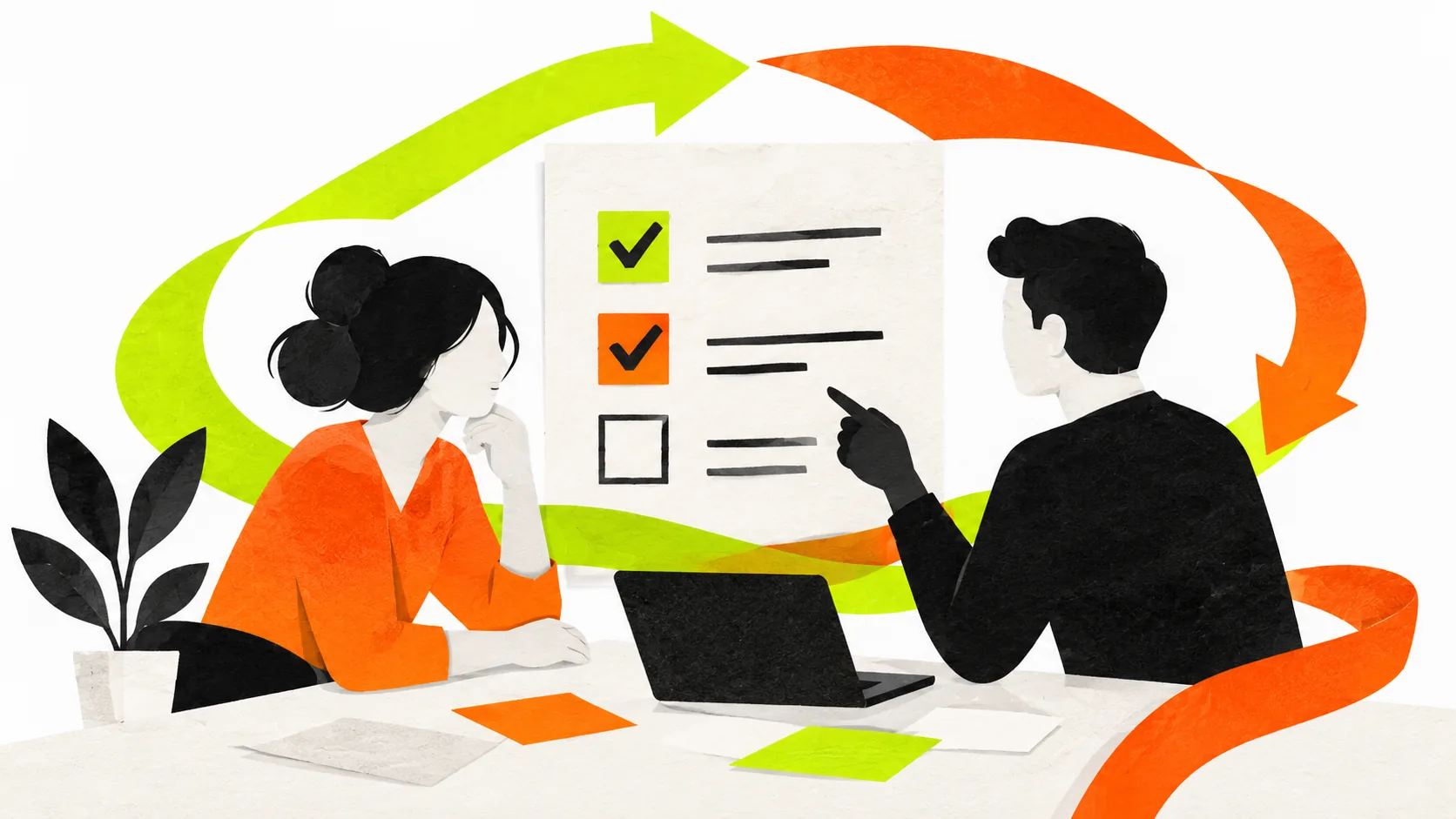 Two marketers review a checklist and agree on the next website improvements