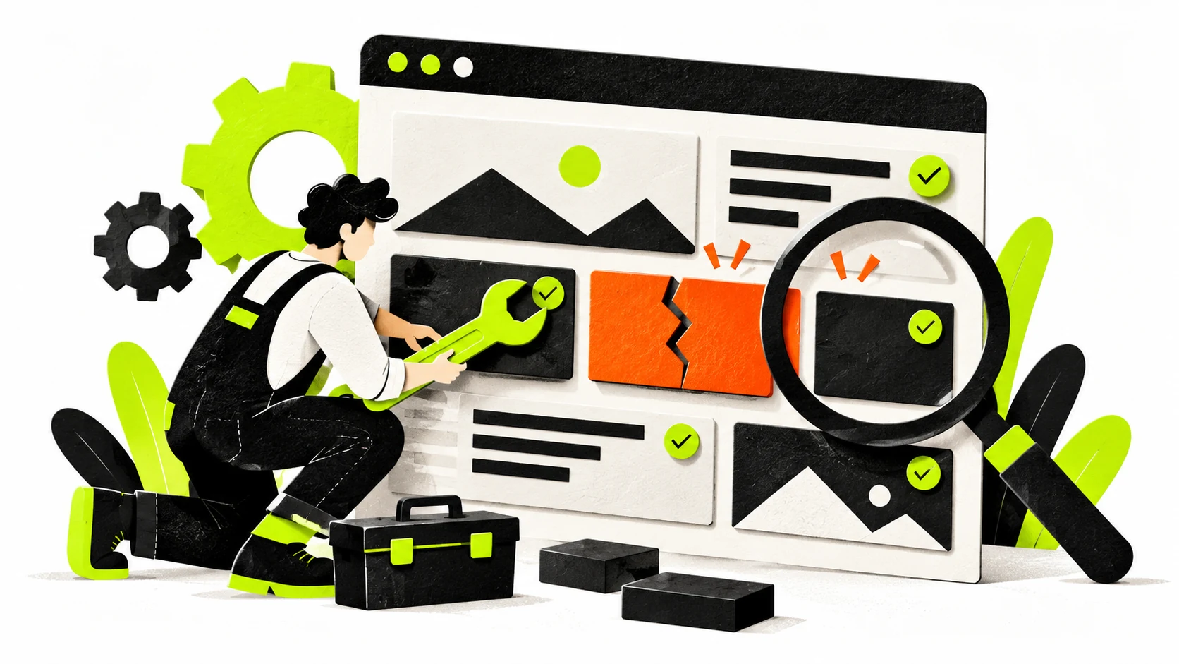 A technician investigates and repairs components of a website