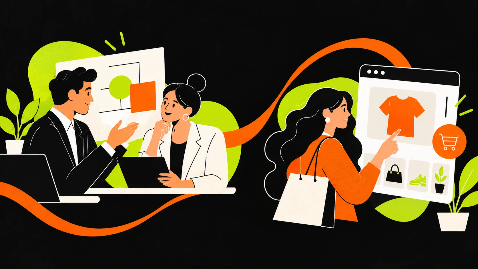 A business meeting and a shopper exploring an online store illustrate B2B and B2C journeys