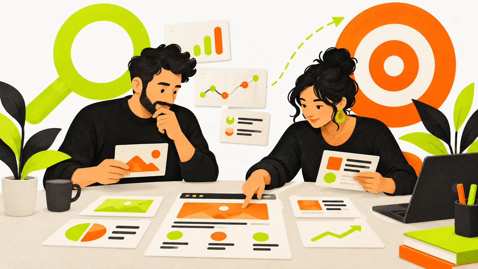 Two marketing professionals review information and plan website improvements
