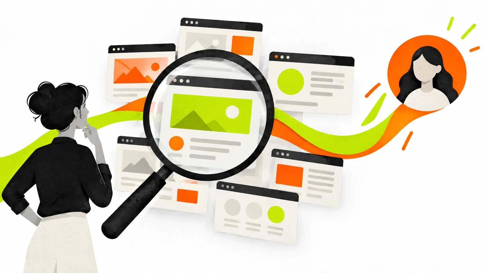 A marketing strategist studies website pages through a large magnifying glass